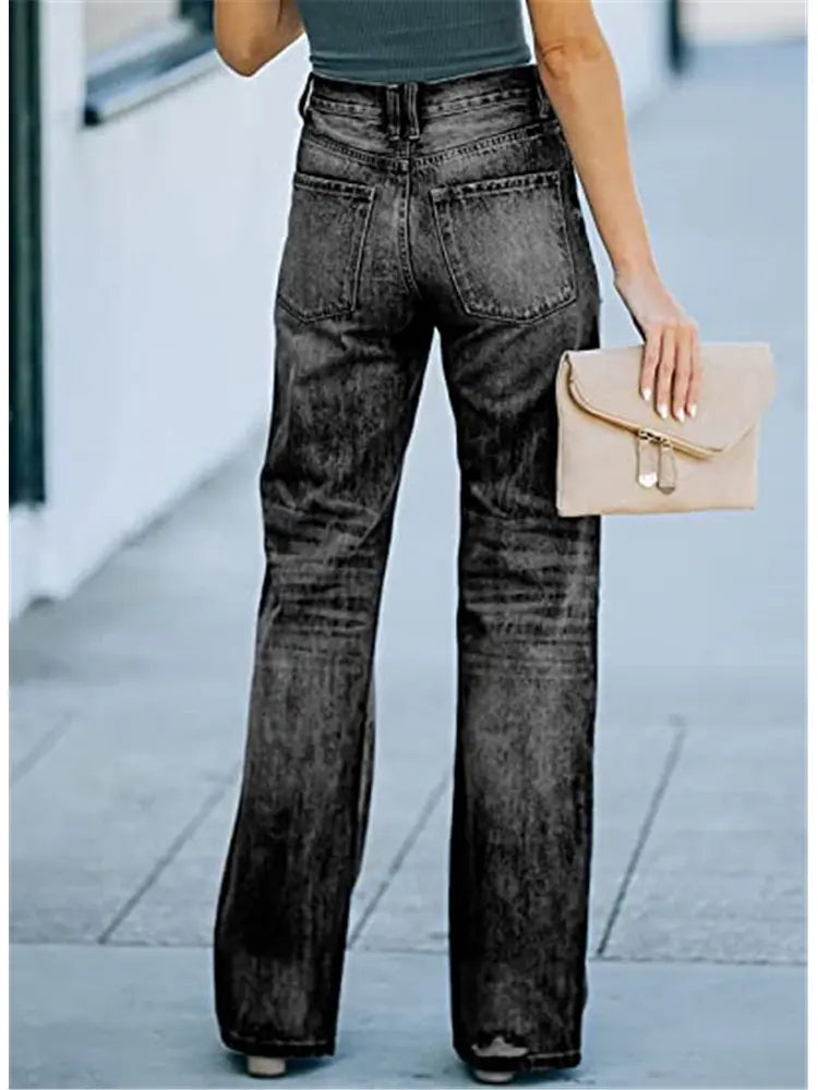 High-Waist Distressed Denim Pants