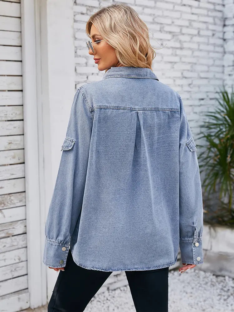 Lente Vier-Knoop Lange Mouw Denim Shirt