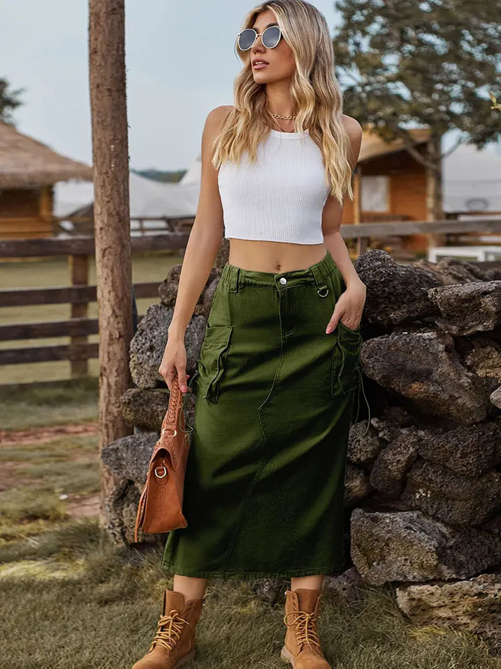 Vintage-Inspired Denim Cargo Midi Skirt