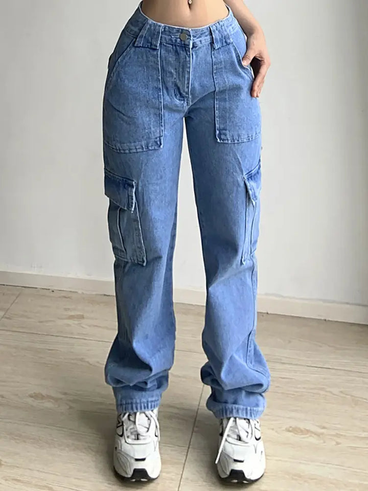 Maraming Bulsa na Maluwag na Fit na Denim Cargo Pants