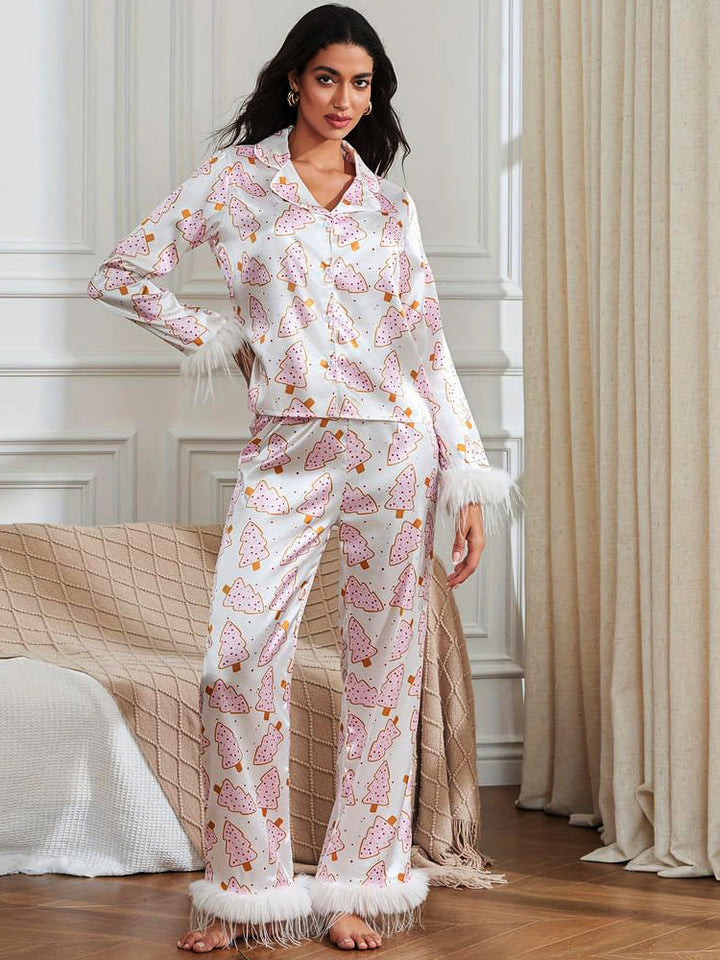 Ensemble de Pyjama en Satin Imprimé Arbre de Noël