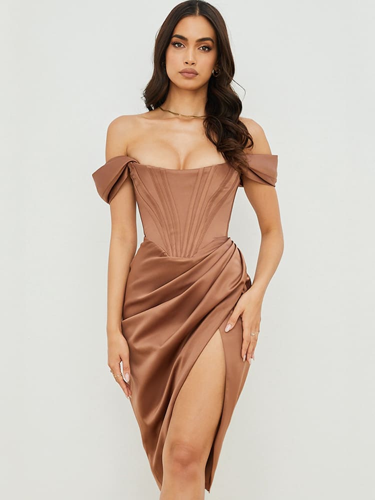 Robe Midi Moulante Corset à Epaules Dénudées - Marron Toffee