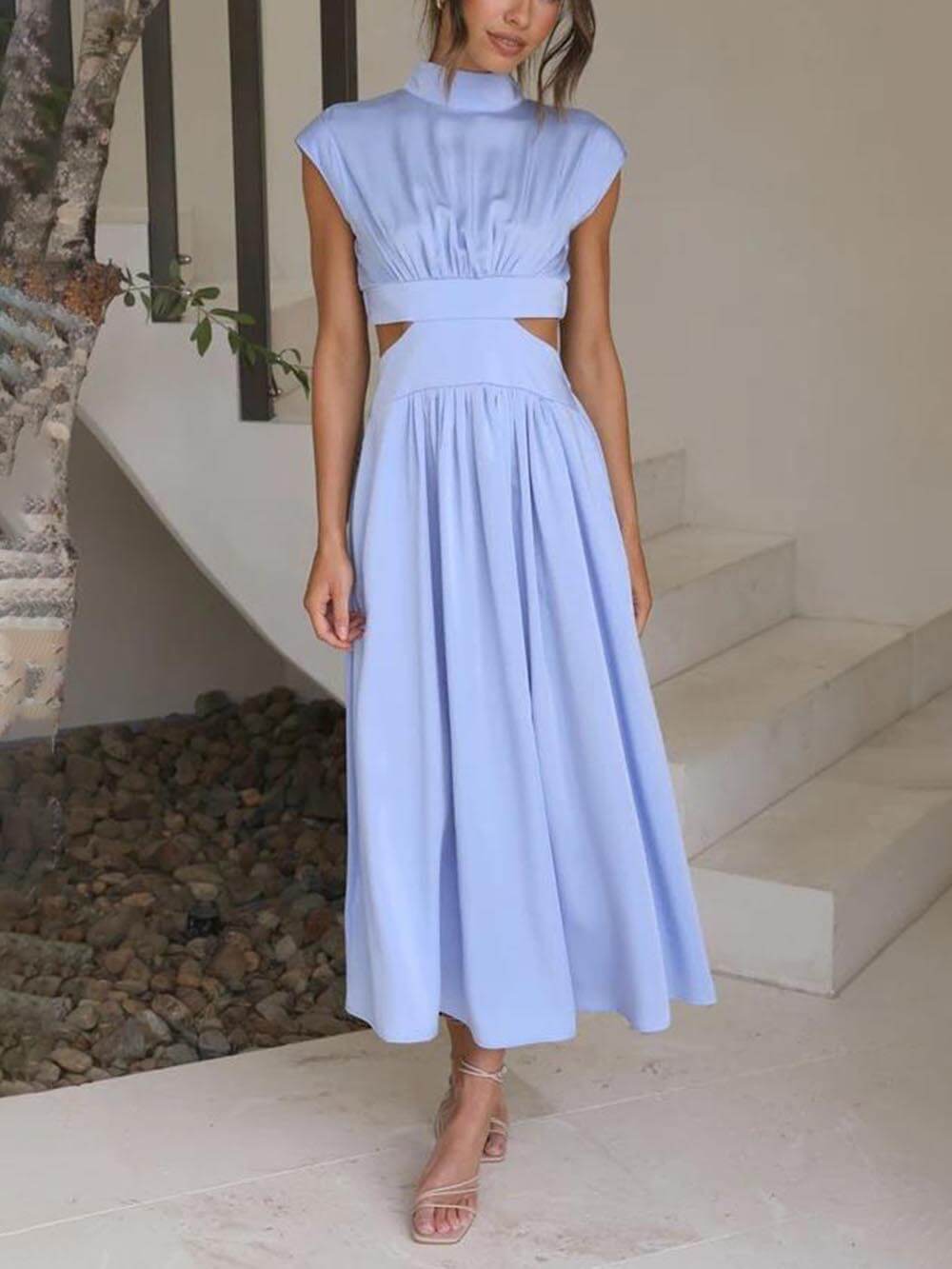 Vestido midi de vacaciones con bolsillos y cintura recortada