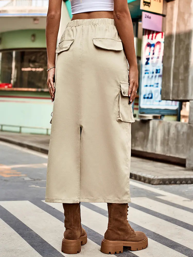 Drawstring Denim Cargo Midi Skirt