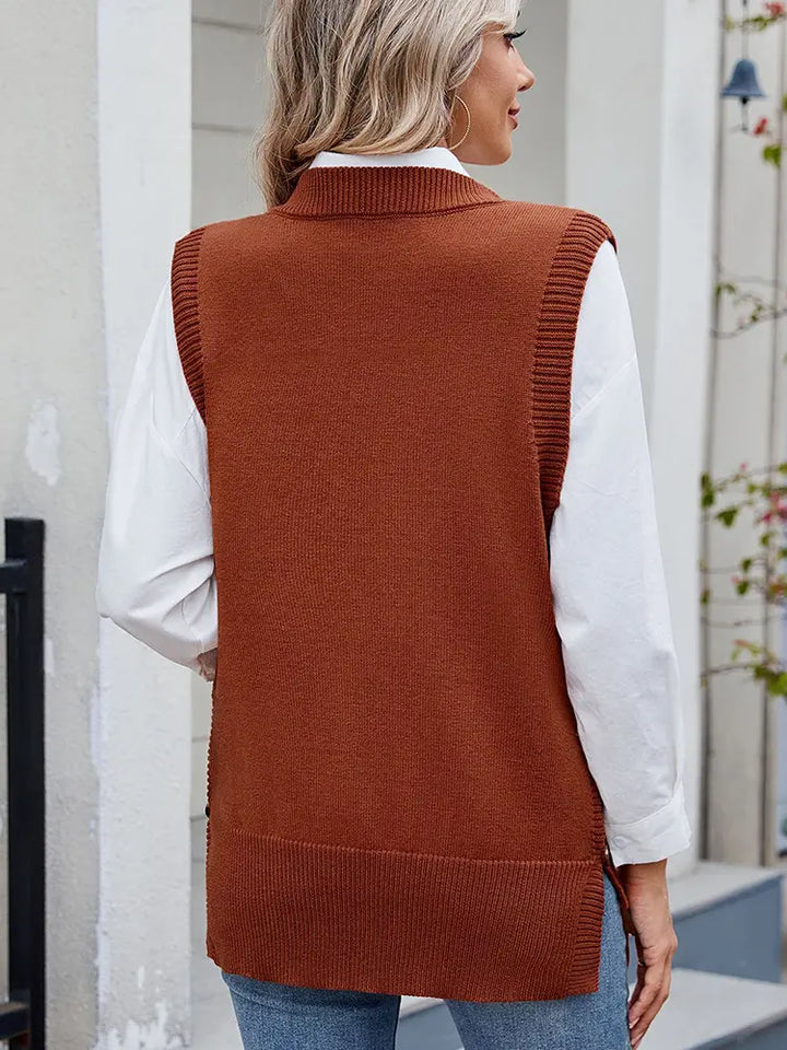 Casual Versatile Solid Button Slit Knit Sweater