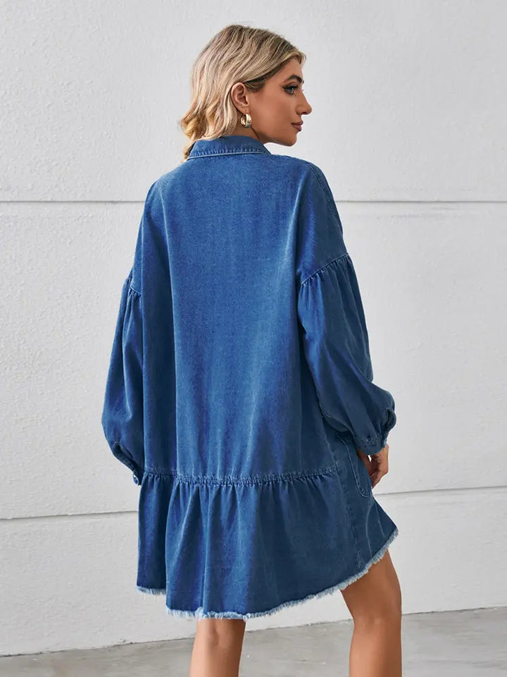 Oversized na Frayed na Denim Midi Dress