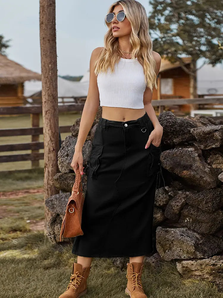 Vintage-Inspired Denim Cargo Midi Skirt