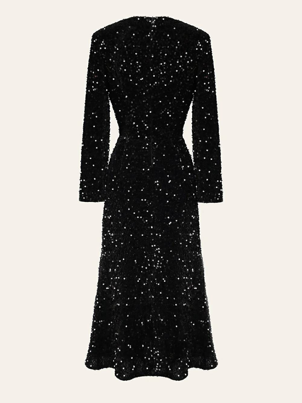 Rochie midi din catifea decorată cu paiete, negru