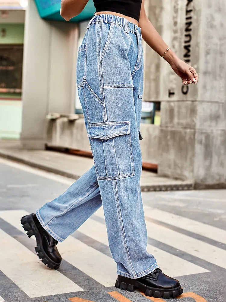 Retro Wash Elastic Waist Denim Utility Pants