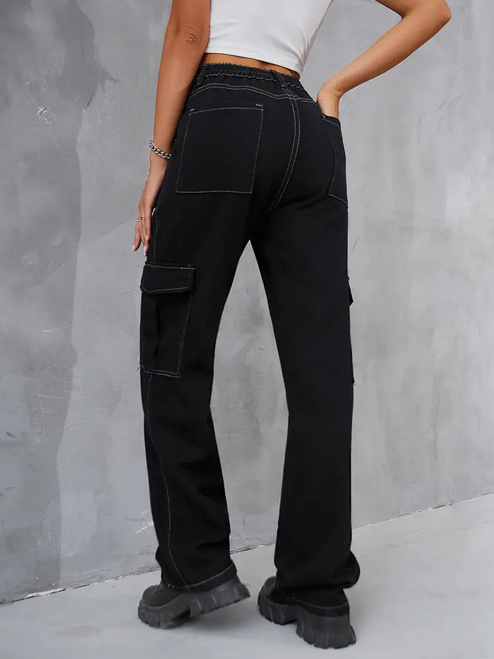 Vintage Elastic Waist Relaxed Fit Denim Cargo Pants