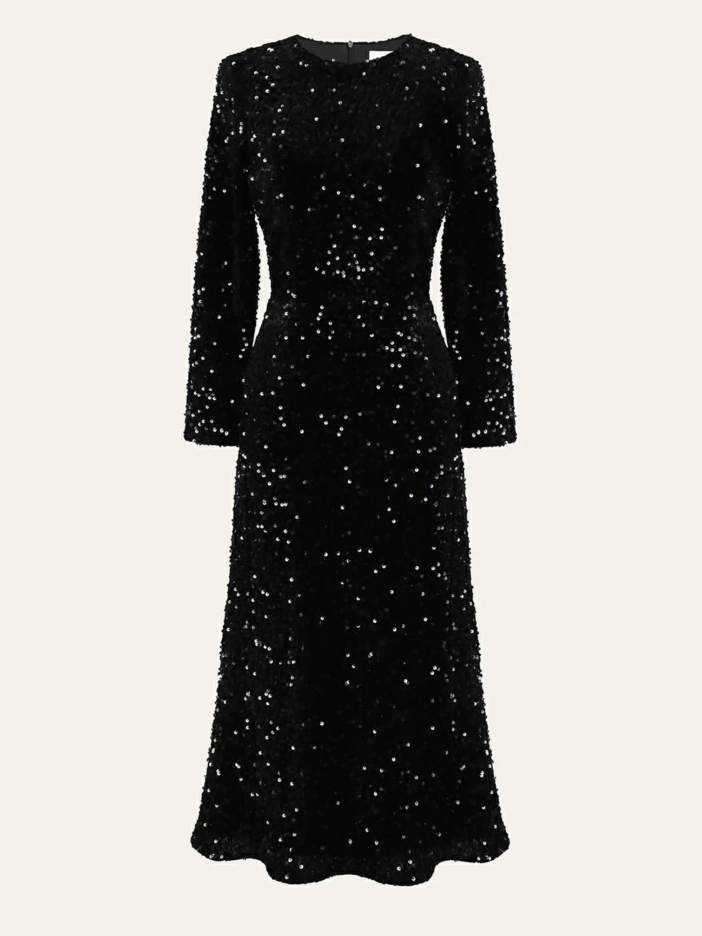 スパンコール装飾ベルベット ミディ ドレス ブラック
