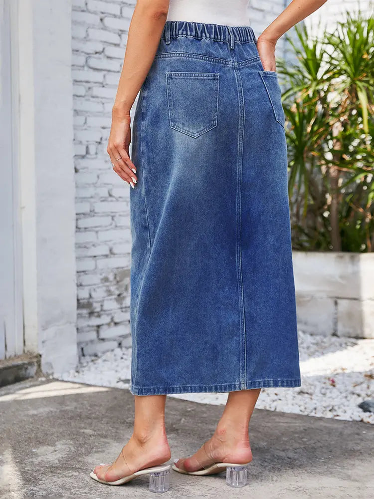 Washed Elastic Waist Denim Midi Skirt