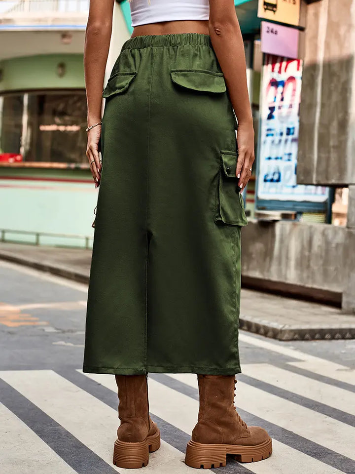 Drawstring Denim Cargo Midi Skjørt