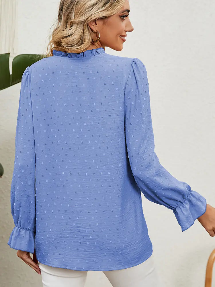 Ruffled V-Neck Solid Color Chiffon Top