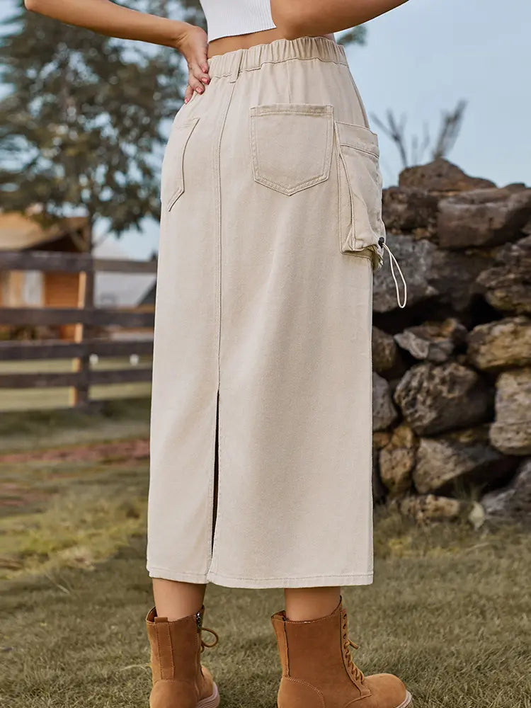 Vintage-inspirert denim cargo midi skjørt