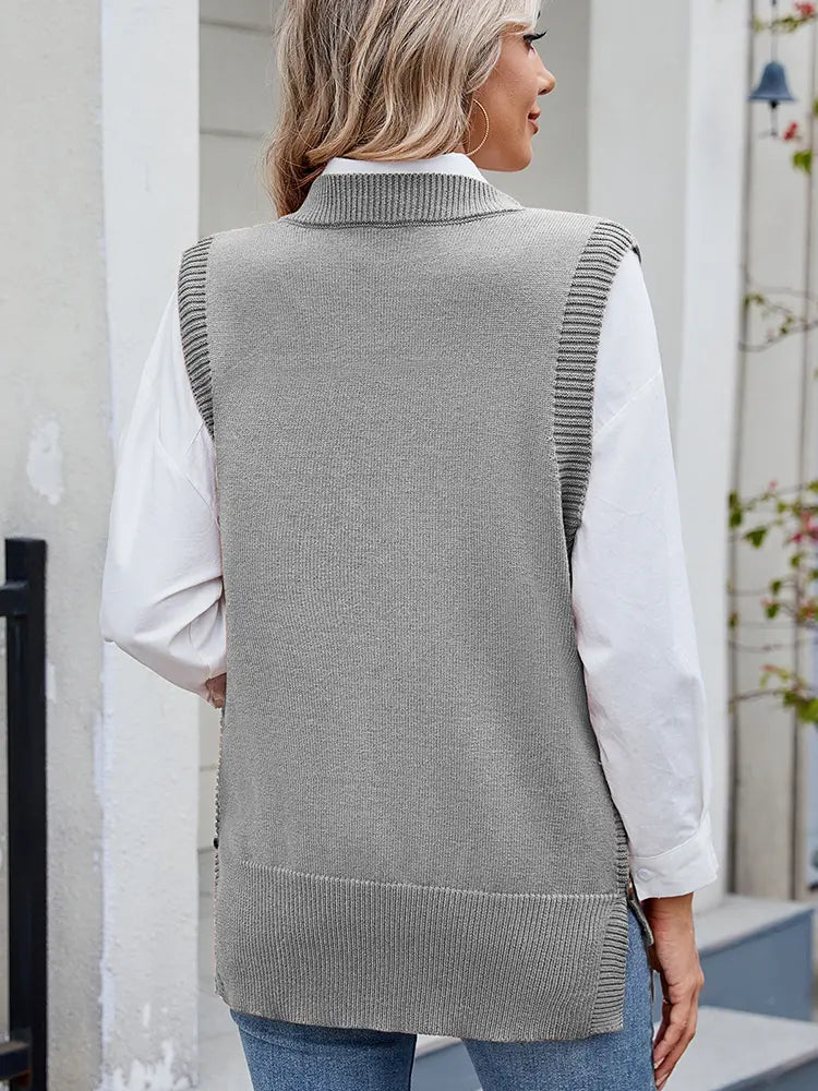 Pull en tricot uni à boutons fendu polyvalent décontracté