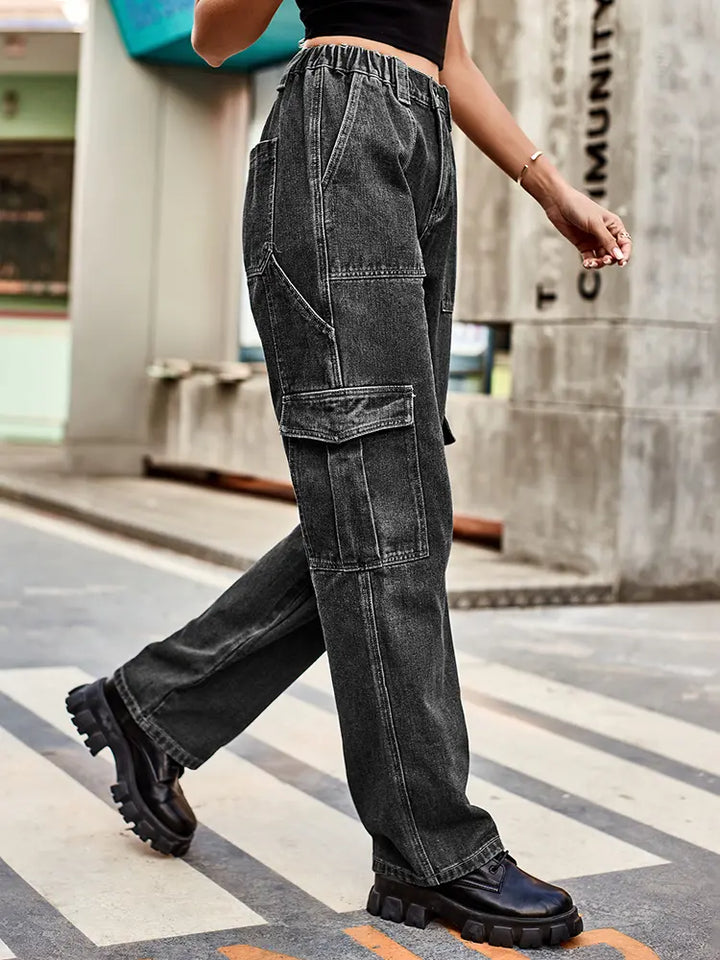 Retro Wash Elastic Waist Denim Utility Pants