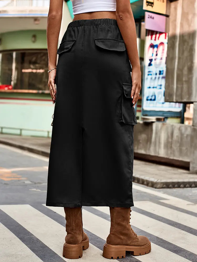 Drawstring Denim Cargo Midi Skirt