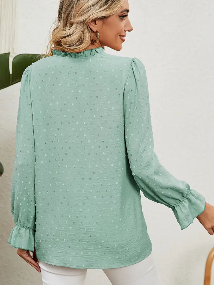 Ruffled V-Neck Solid Color Chiffon Top