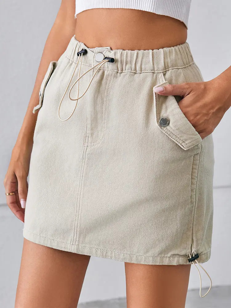 Summer Drawstring Elastic Waist Denim Skirt