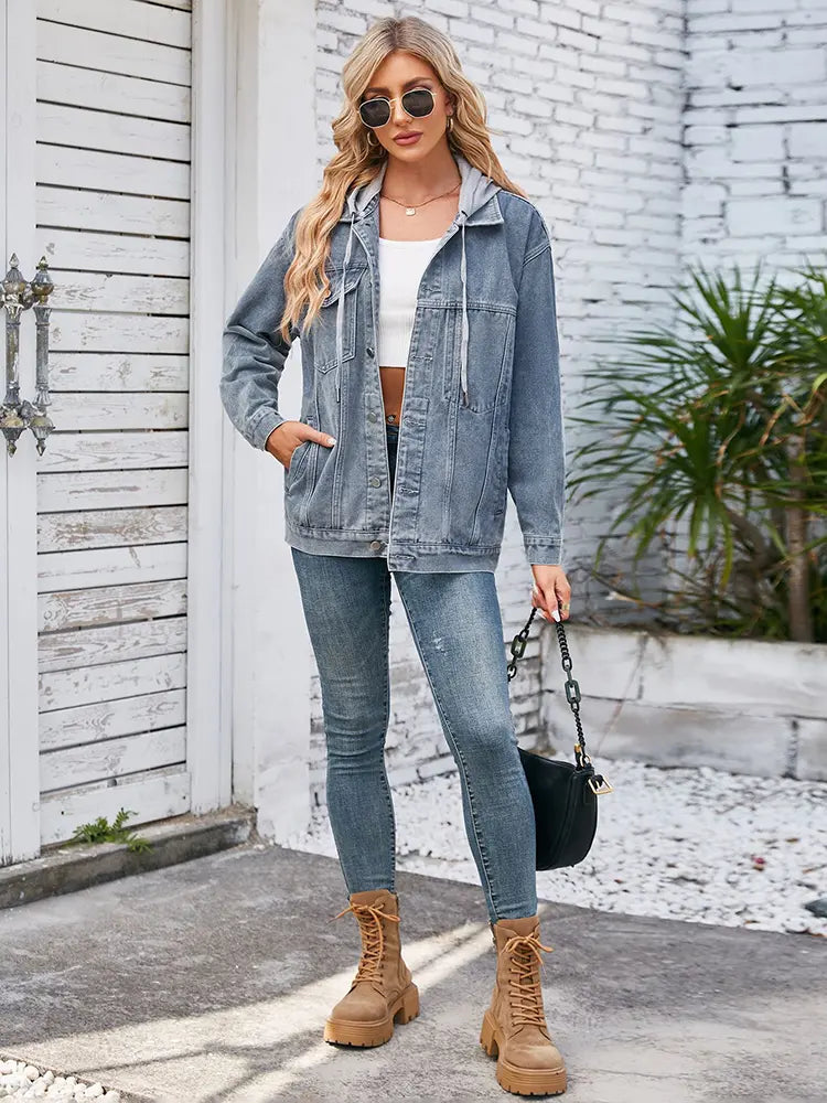 Loose Fit Mid-Length Hooded Denim Jacket