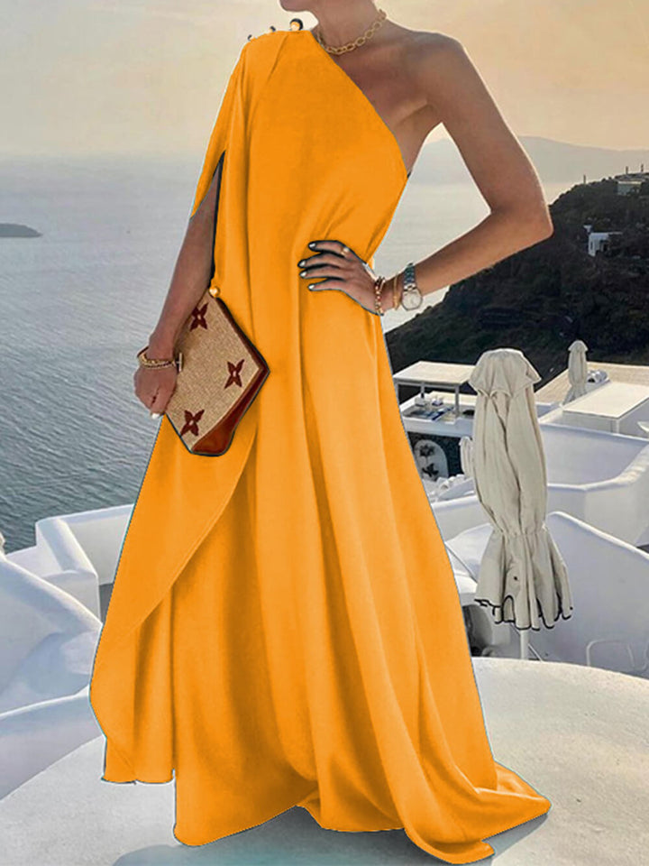 Modna, luźna sukienka maxi w jednolitym kolorze na jedno ramię