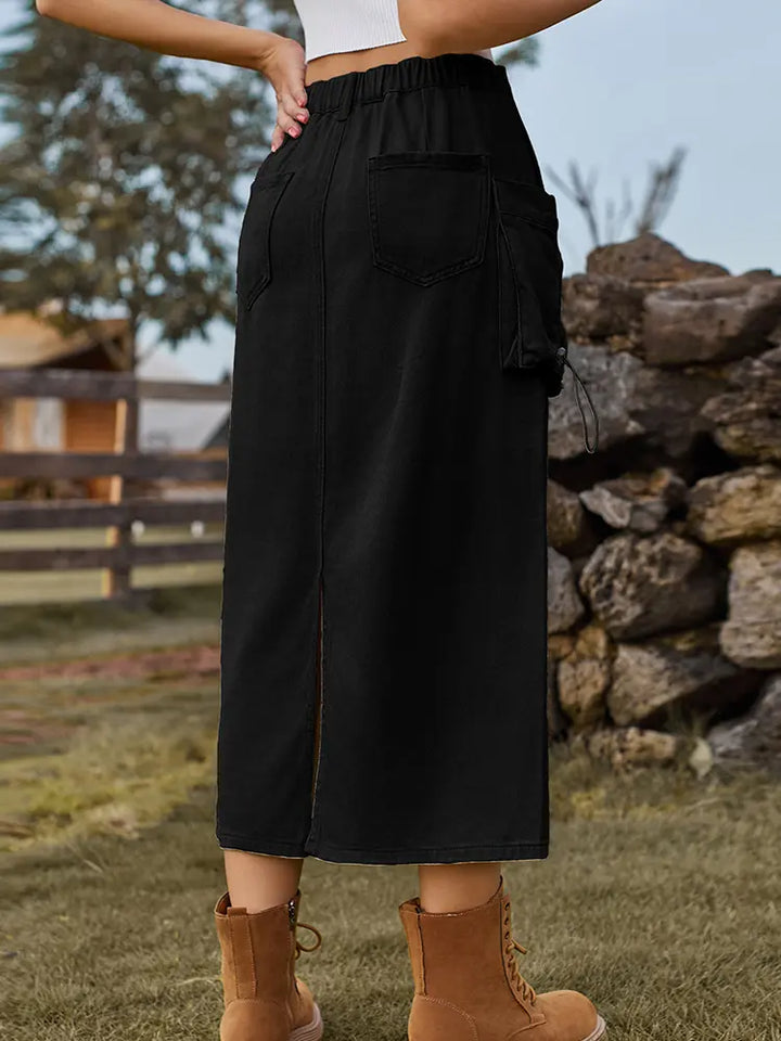 Vintage-Inspired na Denim Cargo Midi Palda