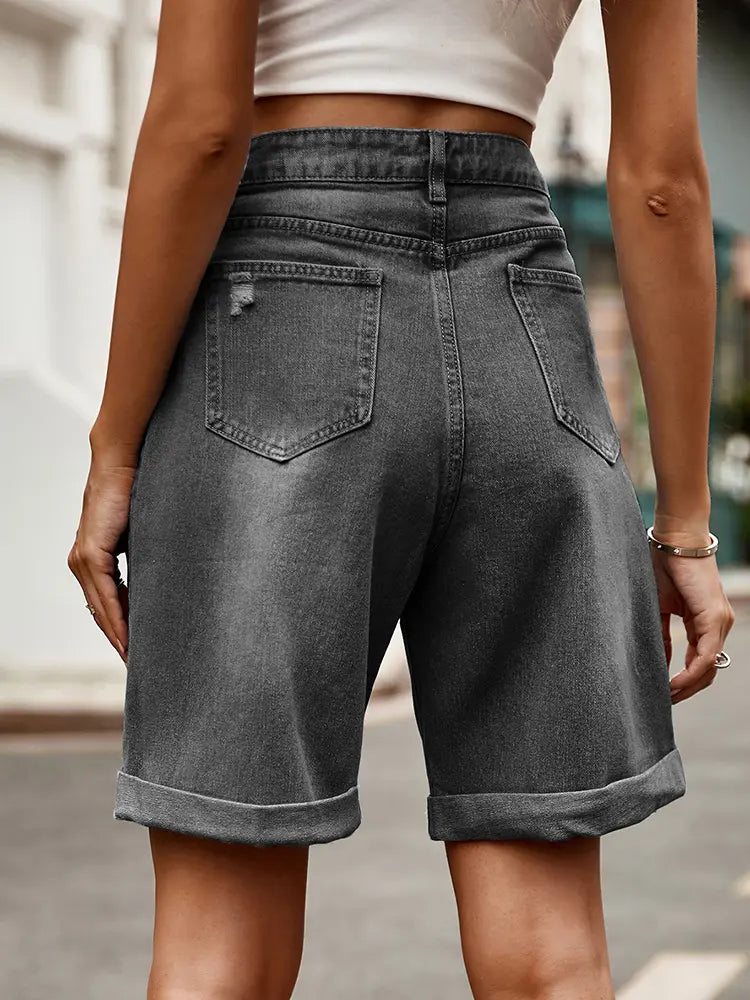 "Distressed Cuffed Denim Bermuda Shorts"