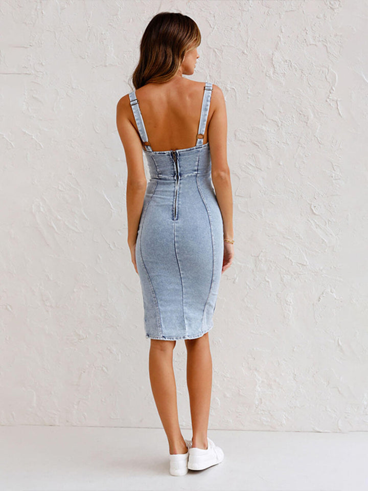 Deze Seasons Denim stevige stretch midi-jurk met verstelbare bandjes en ritssluiting