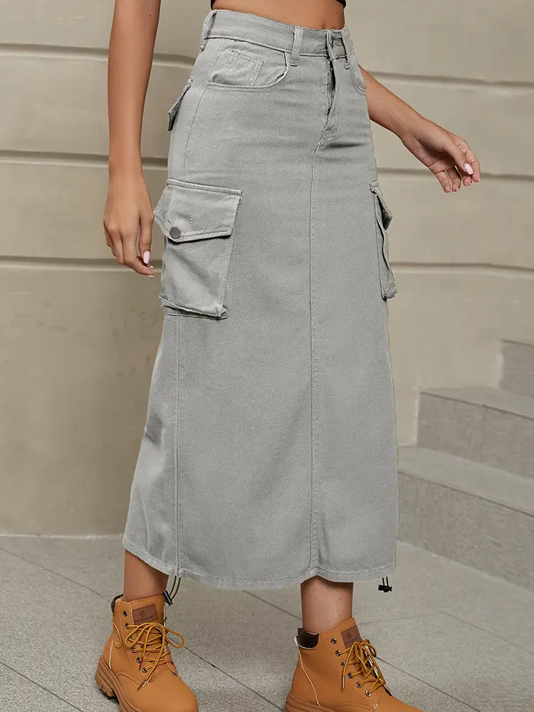 Utility denim midi-nederdel