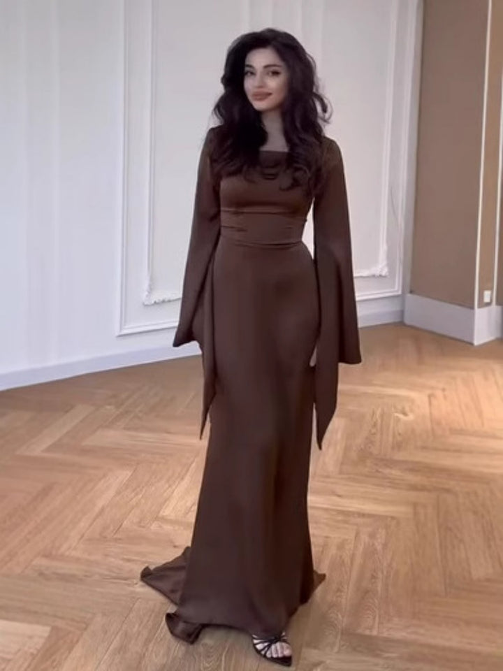 Brown Batwing Sleeve Robe  Dress