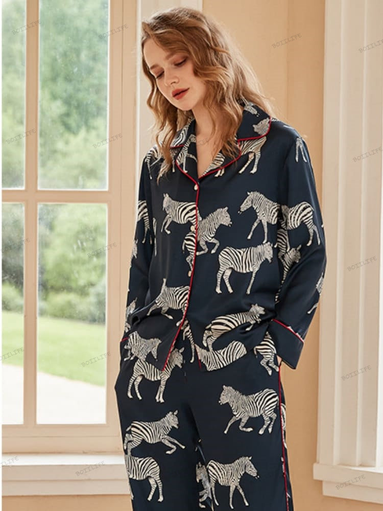 Set de pijamale din mătase rece cu imprimeu zebra