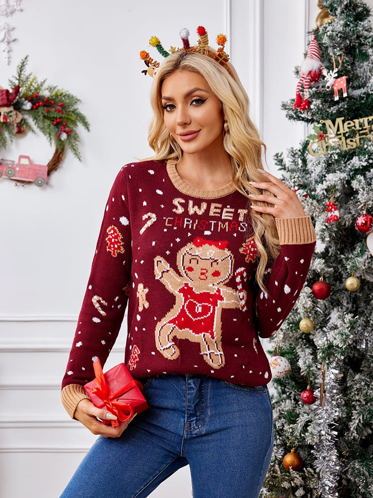 Casual Crewneck Embroidered Sweater – Gingerbread Man