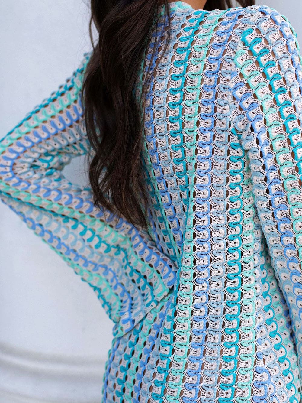 보호 V 넥 벨 슬리브 물결 모양의 줄무늬 크로셰 해변 휴가 맥시 드레스 - 블루