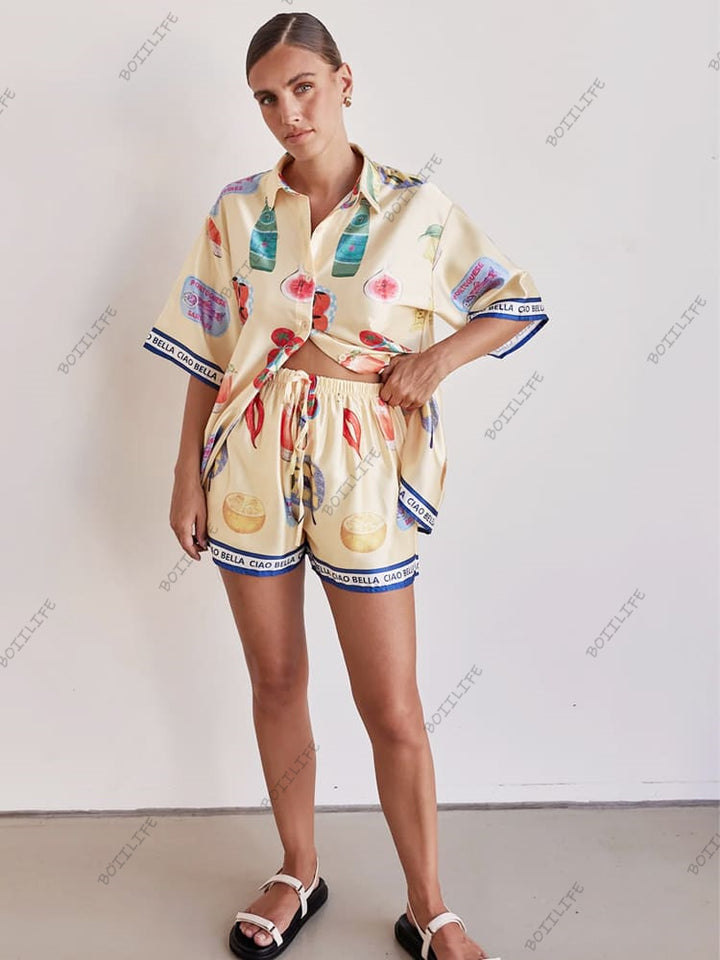 Casual Cartoon Print Collar Cardigan & Shorts Set