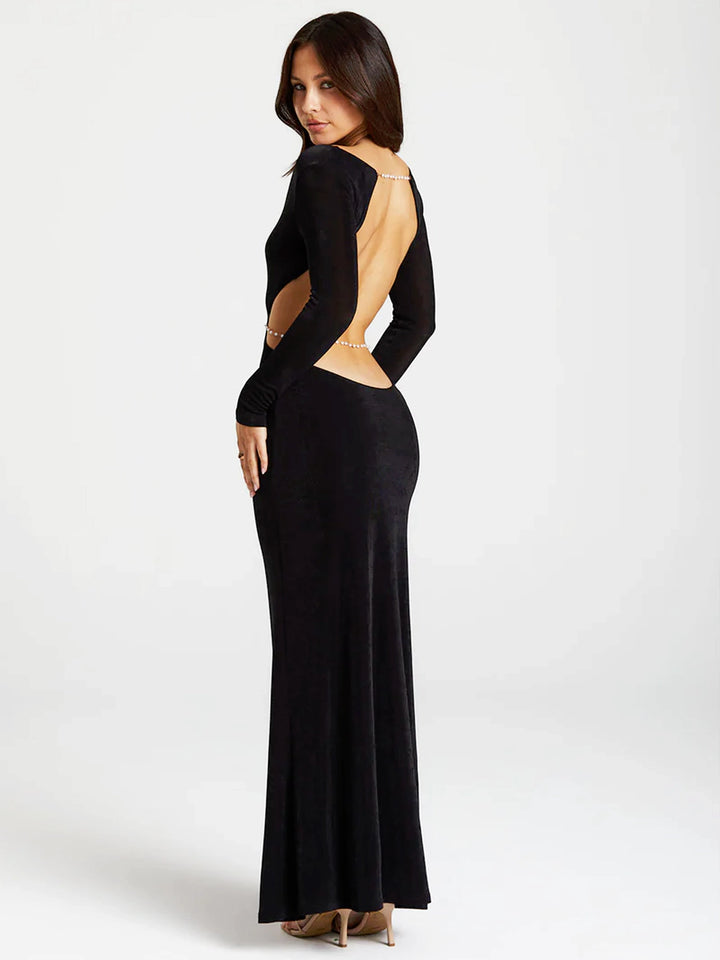 Pearl Chain Backless Fitted Maxi Dress