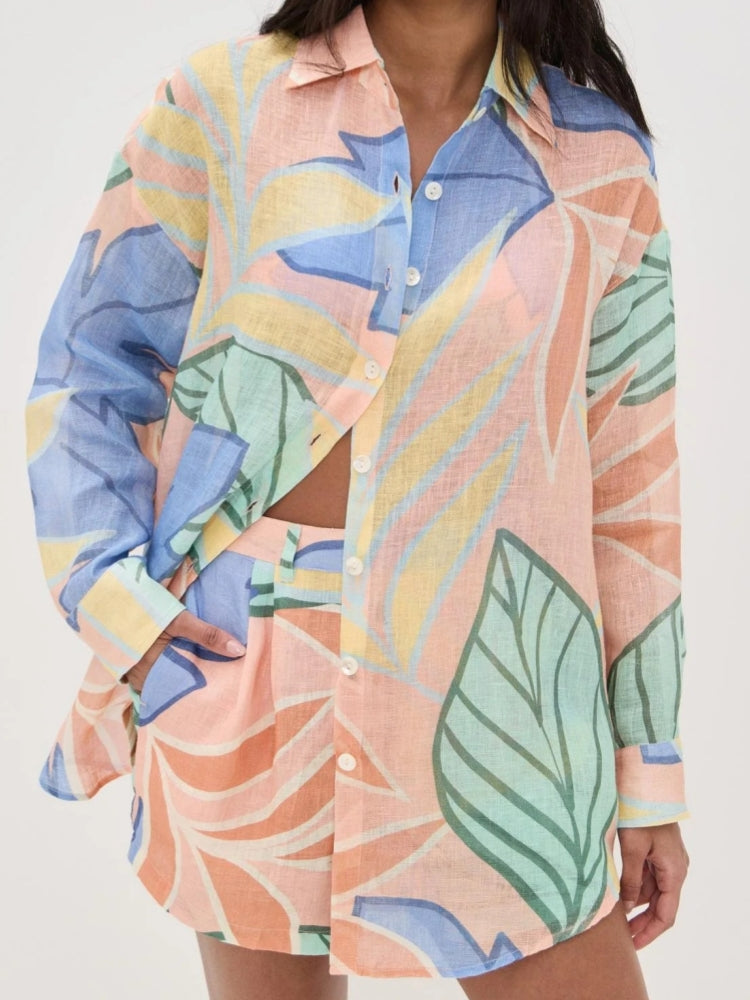 Conjunto Curto Playa Boyfriend com Estampa Tropical de Folhas