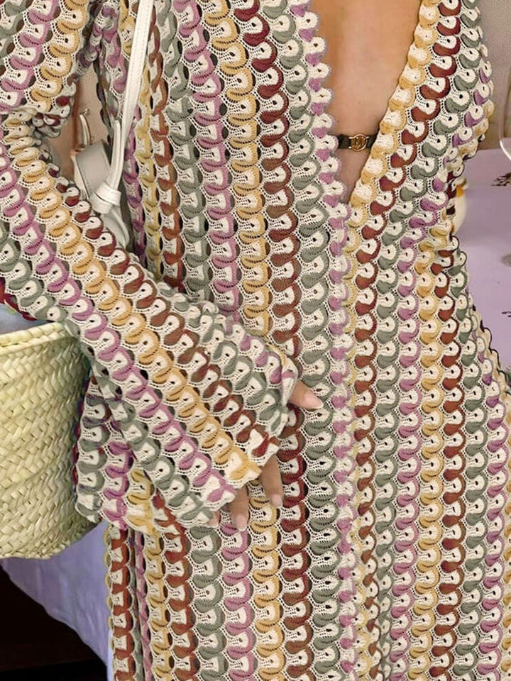 Boho sukienka maxi z dekoltem w szpic, z dekoltem w szpic, z falowanymi paskami, na szydełku, na wakacje na plaży - brązowa