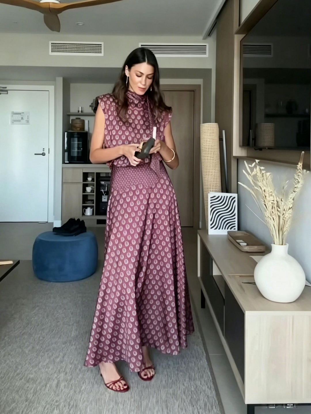 Retro print sjaaltop en vloeiende maxi-rok tweedelige set