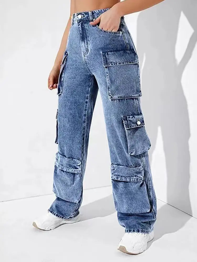 Denim-Cargohose mit hoher Taille