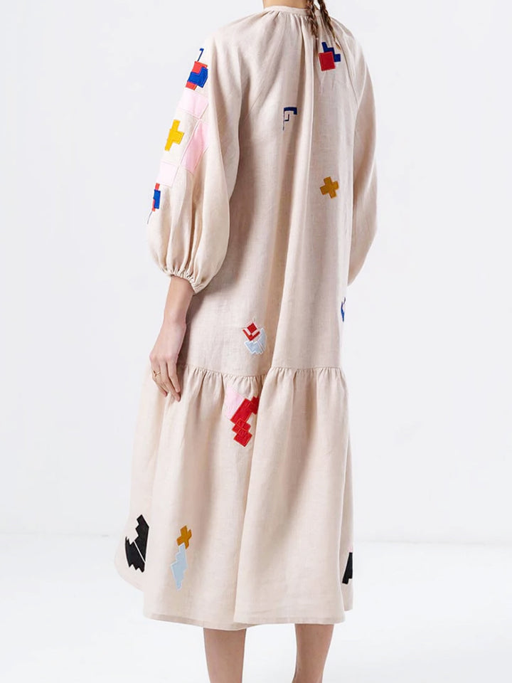 Loose Fit Printed Lantern Sleeve Casual Dress