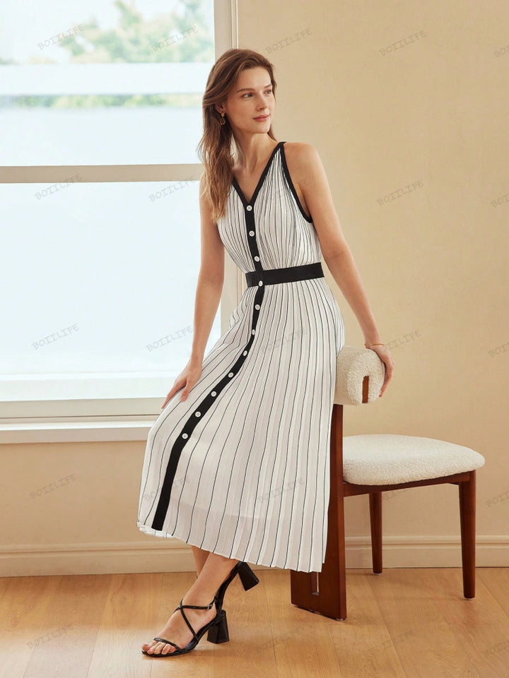 High-End Limited Edition Striped Color-Blocked Sleeveless Dress