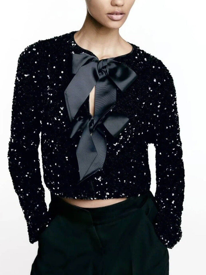 Bow Tie Textured Cardigan at Mid Rise Sequin Skort