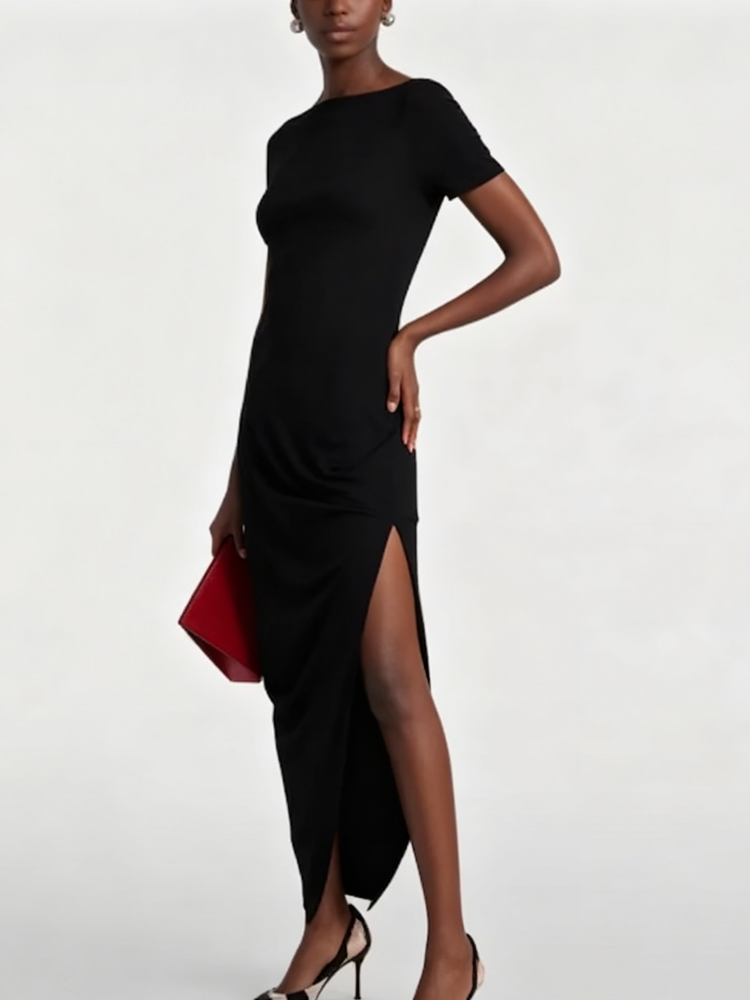 Bateau Backless Asymmetrical Slit Midi Dress