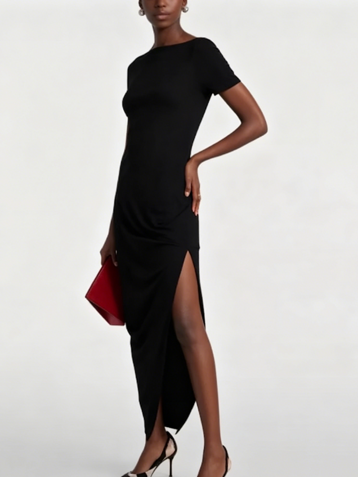 Bateau Backless Asymmetrical Slit Midi Dress