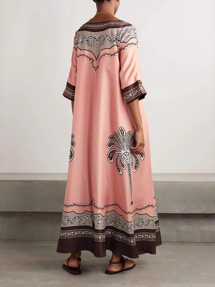 Vacation-Style V-Neck Satin Printed Dress
