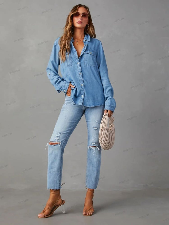 Button Down Roll-Tab Mouw Denim Shirt