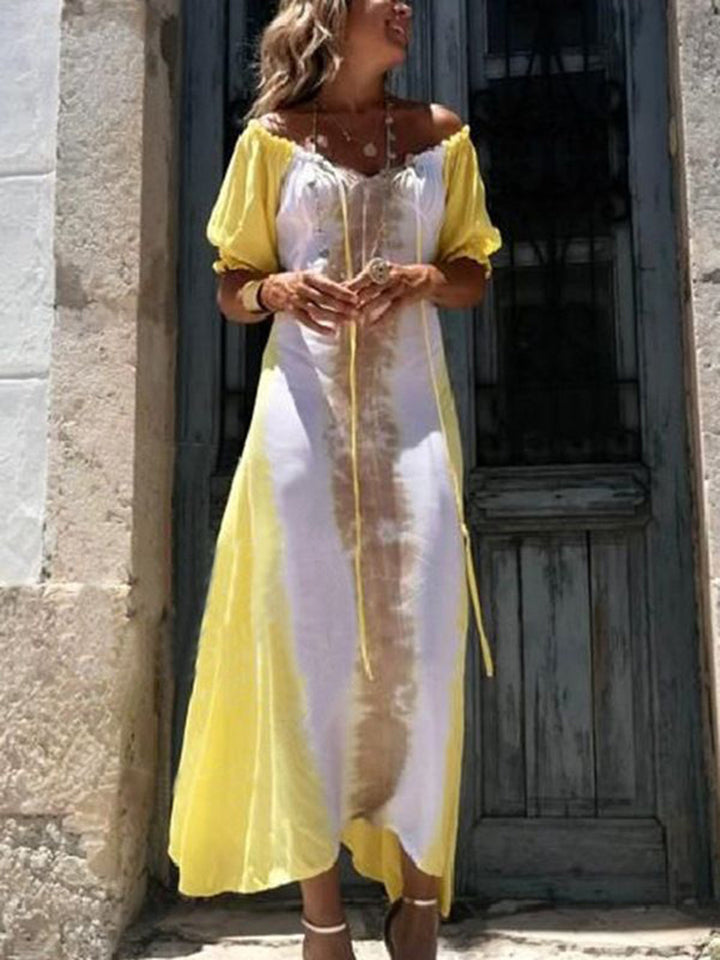 שמלת מקסי שרוך צהוב Tie Dye עם צווארון V