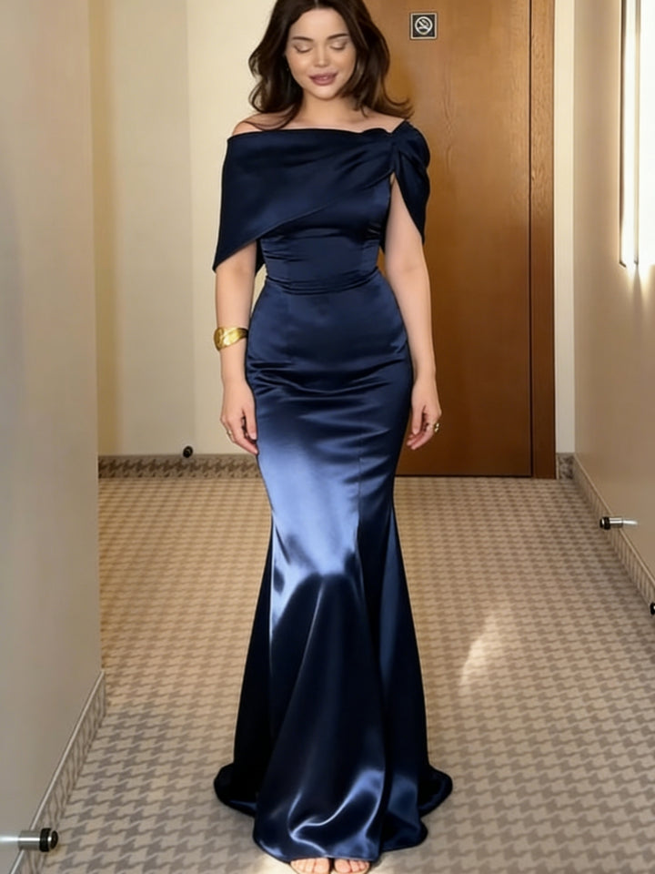 Navy Satin One-Shoulder Draped Column Gown