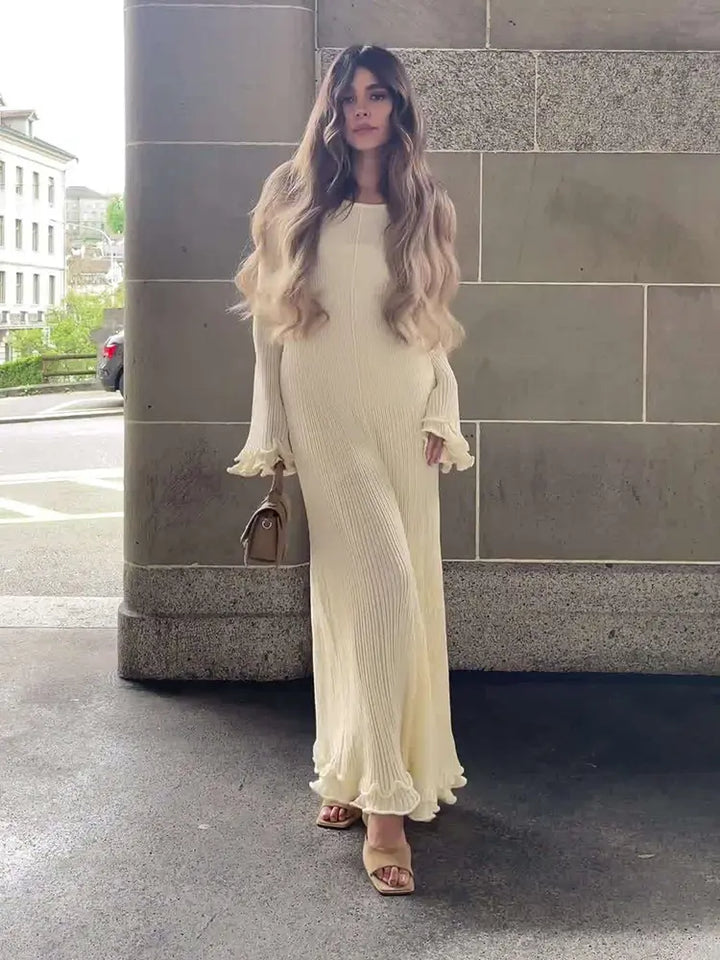 Bell-Sleeve Knit Long Dress